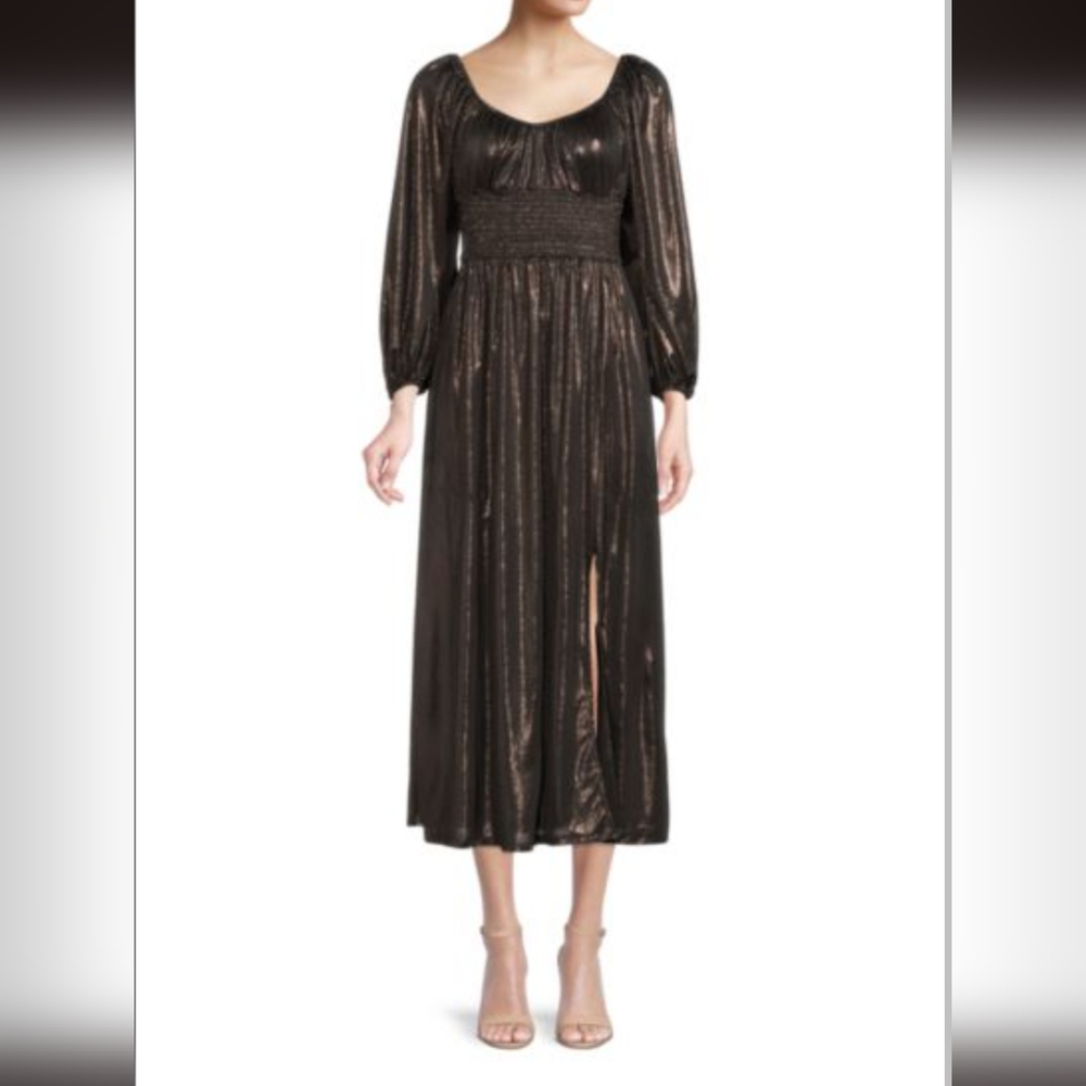 NWT NSR puff sleeves metallic midi dress black gold